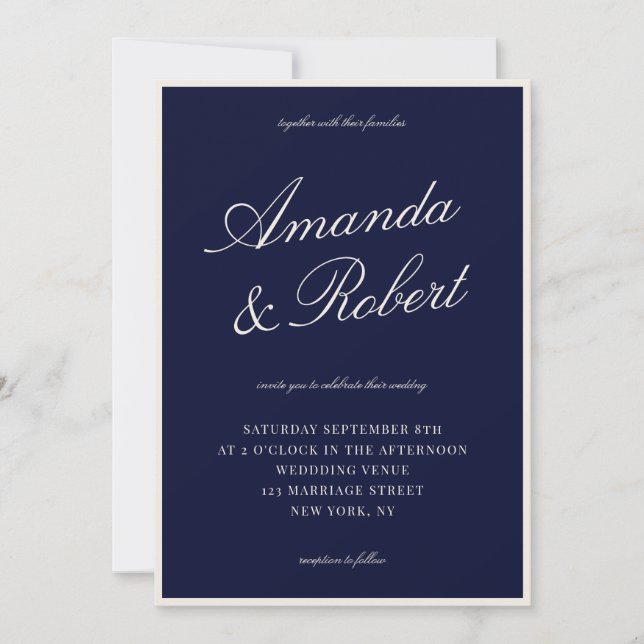 Elegant Calligraphy Navy Blue Old Money Wedding Invitation (Front)
