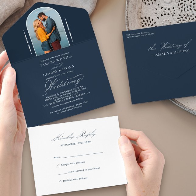 Elegant Calligraphy Navy Blue Photo RSVP Wedding All In One Invitation (Creator Uploaded)