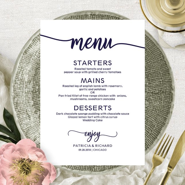 Elegant Calligraphy Navy Blue Script Wedding Menu (Creator Uploaded)