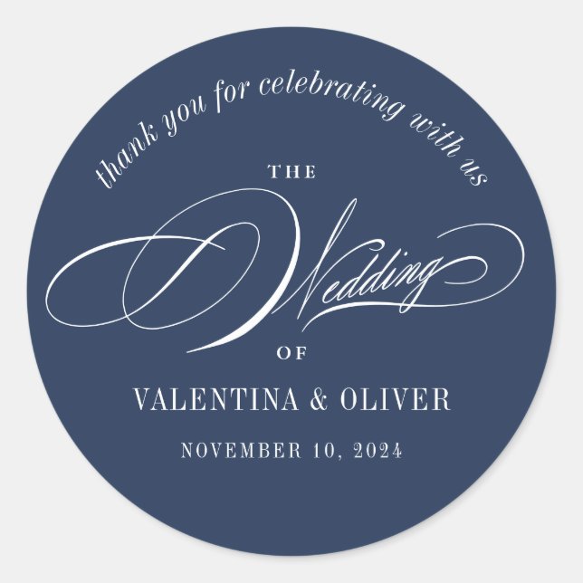 Elegant Calligraphy Navy Blue Wedding Classic Round Sticker (Front)