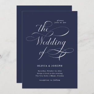 Elegant Calligraphy   Navy Blue Wedding Invitation