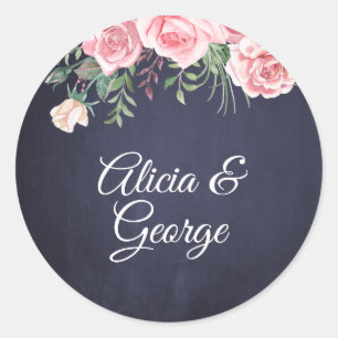 Elegant calligraphy navy blush floral wedding classic round sticker
