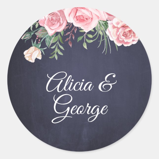 Elegant calligraphy navy blush floral wedding classic round sticker (Front)