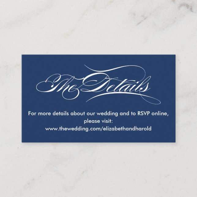 Elegant Calligraphy Navy Nautical Wedding Website Enclosure Card (Front)