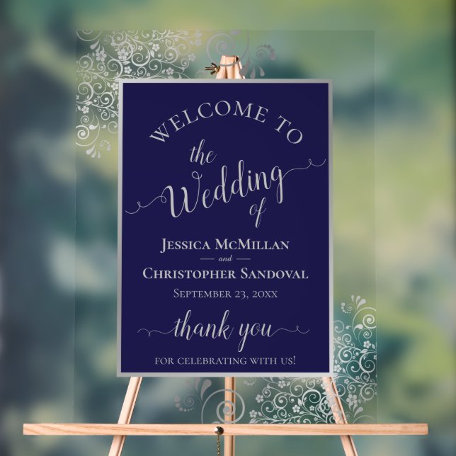 Elegant Calligraphy Navy & Silver Wedding Welcome Acrylic Sign (Neutral)