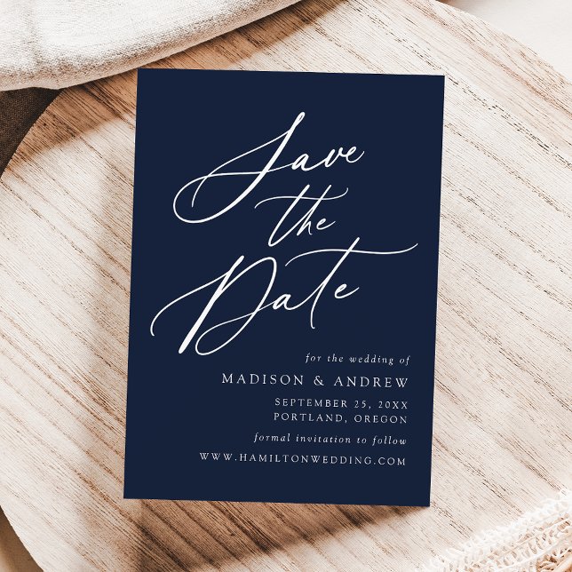 Elegant Calligraphy Navy Wedding Save The Date (Creator Uploaded)