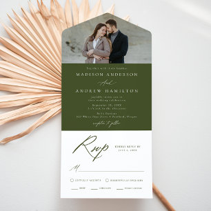 Elegant Calligraphy Olive Green Photo Wedding All In One Invitation