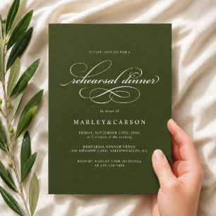 Elegant Calligraphy Olive Green Rehearsal Dinner Invitation