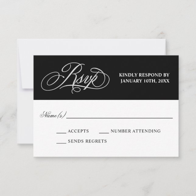 Elegant Calligraphy on Black Wedding RSVP Card (Front)