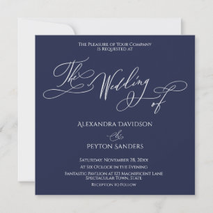 Elegant Calligraphy on Navy Blue "The Wedding of" Invitation