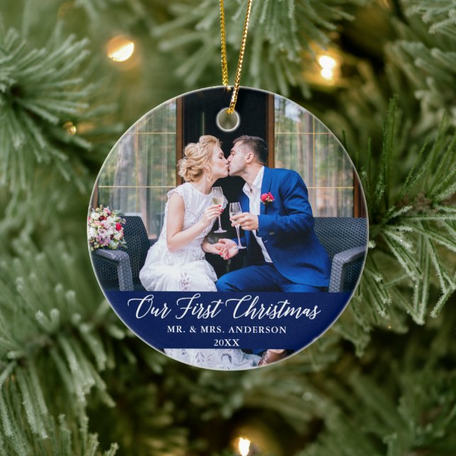 Elegant Calligraphy Our First Christmas Blue Ceramic Ornament (Tree)