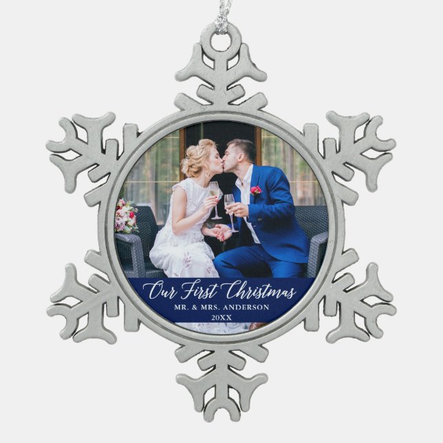 Elegant Calligraphy Our First Christmas Blue Snowflake Pewter Christmas Ornament (Front)