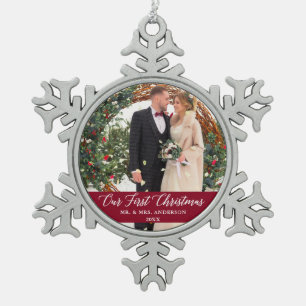 Elegant Calligraphy Our First Christmas Burgundy Snowflake Pewter Christmas Ornament