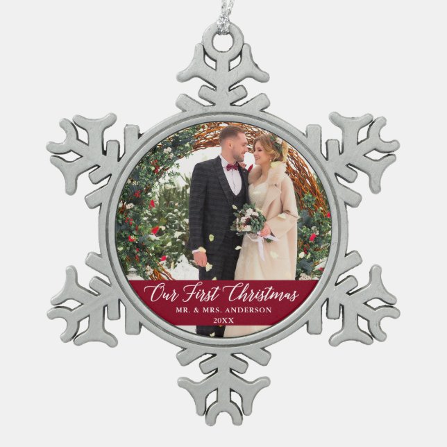 Elegant Calligraphy Our First Christmas Burgundy Snowflake Pewter Christmas Ornament (Front)