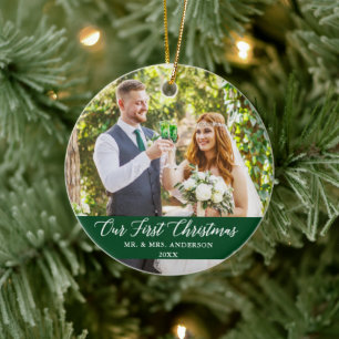 Elegant Calligraphy Our First Christmas Green Ceramic Ornament