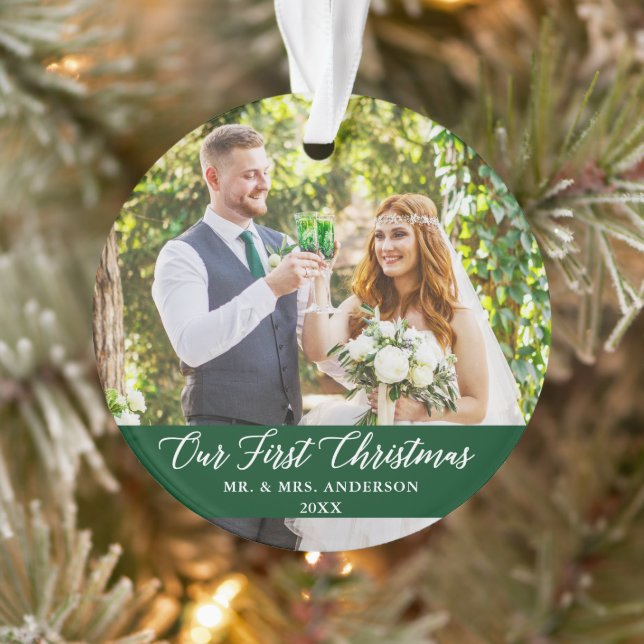 Elegant Calligraphy Our First Christmas Green Ornament (Tree)