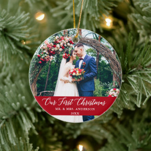 Elegant Calligraphy Our First Christmas Photo Red Ceramic Ornament