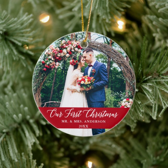 Elegant Calligraphy Our First Christmas Photo Red Ceramic Ornament (Tree)