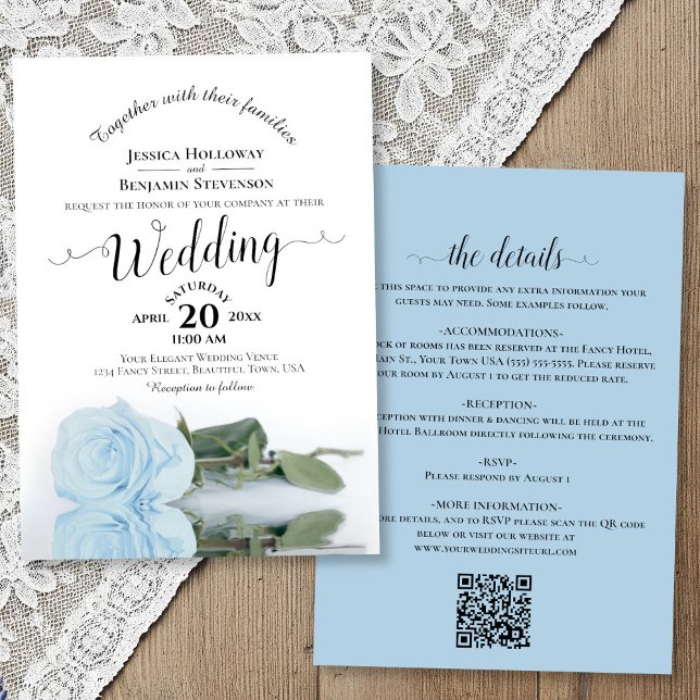 Elegant Calligraphy Pale Blue Rose QR Code Wedding Invitation (front/back)