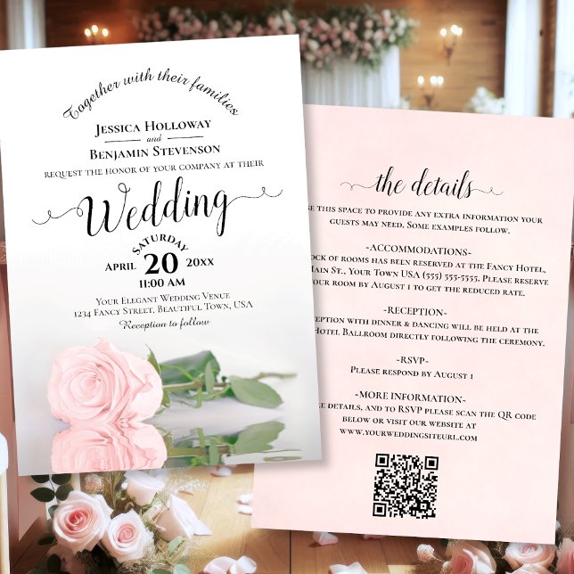 Elegant Calligraphy Pale Pink Rose QR Code Wedding Invitation (Front/Back)