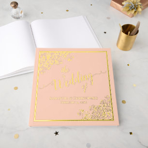 Elegant Calligraphy Peach & Gold Foil Wedding Guest Book