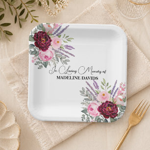 Elegant Calligraphy Peonies Funeral Paper Plate