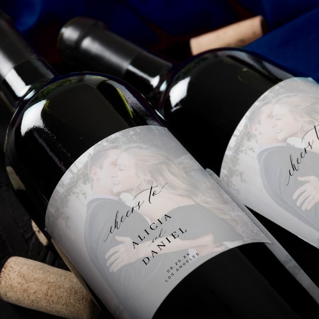 Elegant calligraphy photo overlay cheers wedding wine label (Creator Uploaded)