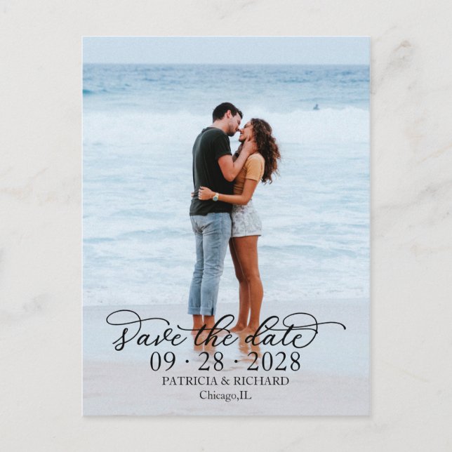 Elegant Calligraphy Photo Save The Date Postcard (Front)