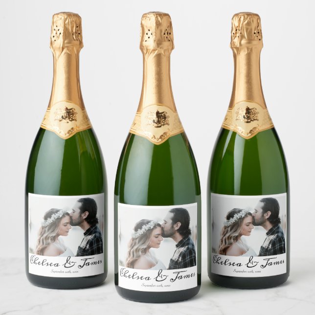 Elegant Calligraphy Photo Sparkling Wine Wedding L Label (Bottles)