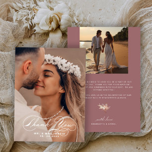 Elegant Calligraphy Photo Wedding Mauve Thank You Card