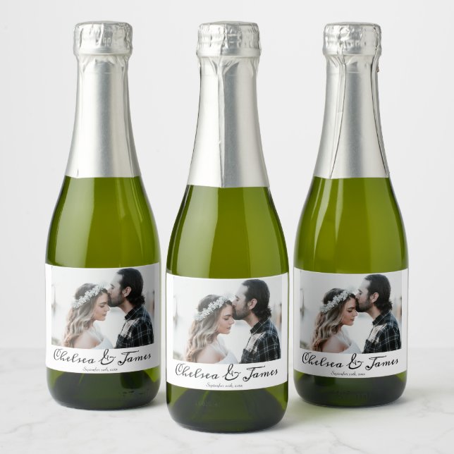 Elegant Calligraphy Photo Wedding Mini Sparkling Wine Label (Bottles)