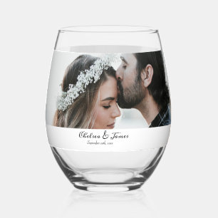 Elegant Calligraphy Photo Wedding Party Stemless Wine Glass