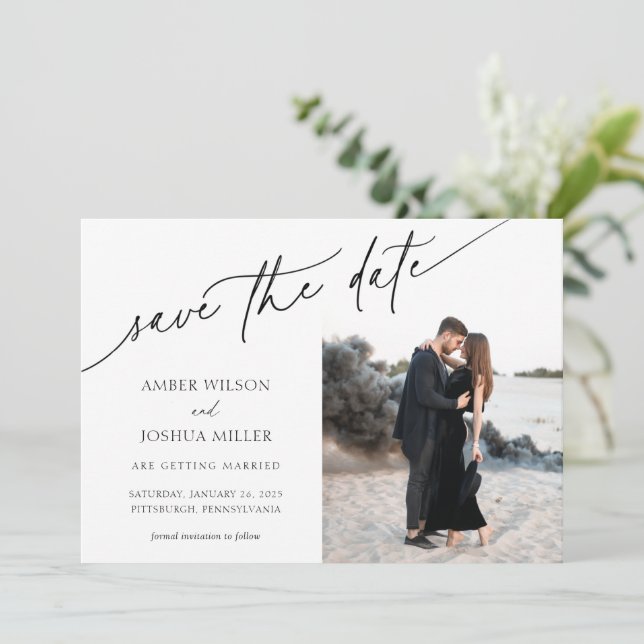 Elegant Calligraphy Photo Wedding Save the Date Invitation (Standing Front)