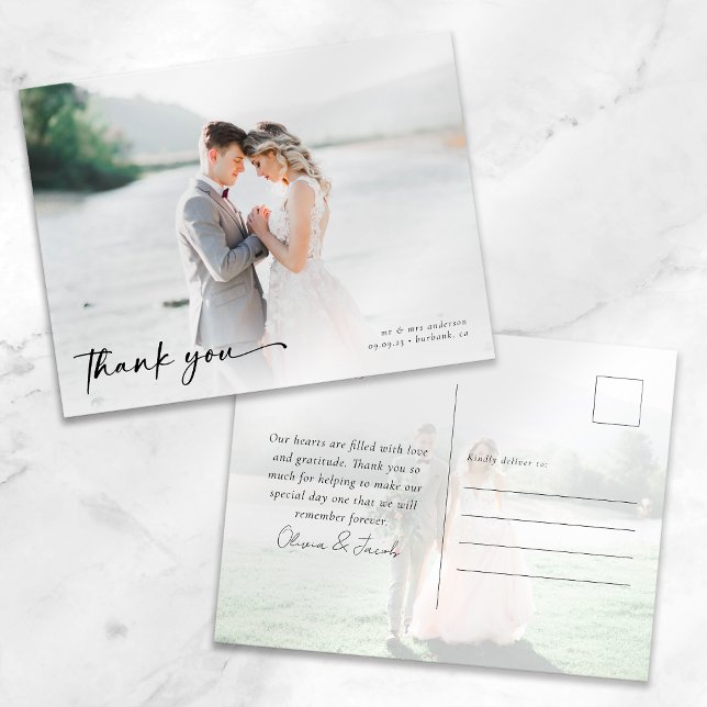 Elegant Calligraphy Photo Wedding Thank You Postcard (Creator Uploaded)