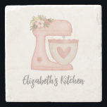 Elegant Calligraphy Pink Cake Mixer Stone Coaster<br><div class="desc">A cute pink cake mixer with flowers decorates this kitchen coaster. Personalise it with your name. Designed for you by Blackberry Boulevard.</div>