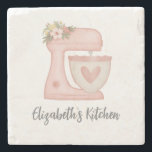 Elegant Calligraphy Pink Cake Mixer Stone Coaster<br><div class="desc">A cute pink cake mixer with flowers decorates this kitchen coaster. Personalise it with your name. Designed for you by Blackberry Boulevard.</div>