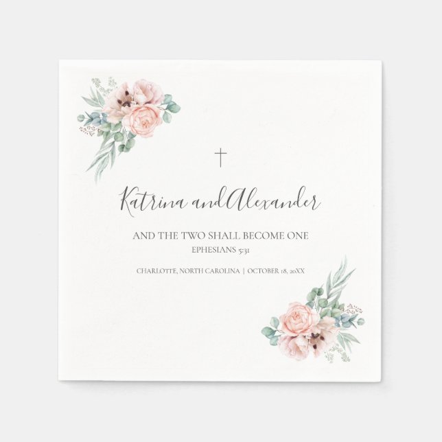 Elegant Calligraphy Pink Floral Wedding Cocktail Napkin (Front)