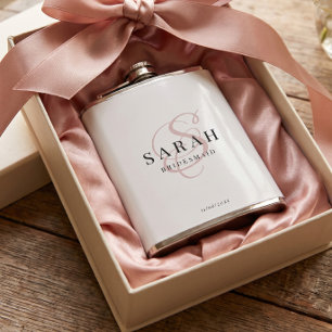 Elegant Calligraphy Pink Monogram Bridesmaid Gift Hip Flask