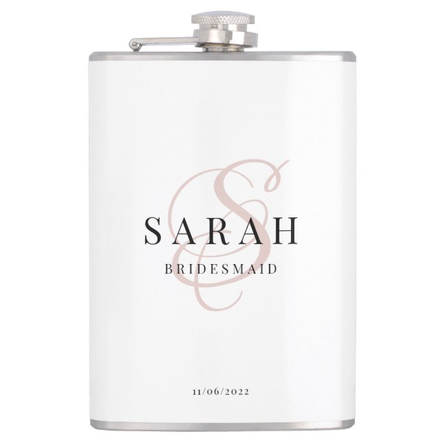 Elegant Calligraphy Pink Monogram Bridesmaid Gift Hip Flask (Front)