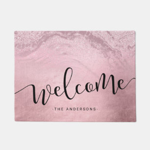 Elegant calligraphy pink rose gold glitter welcome doormat