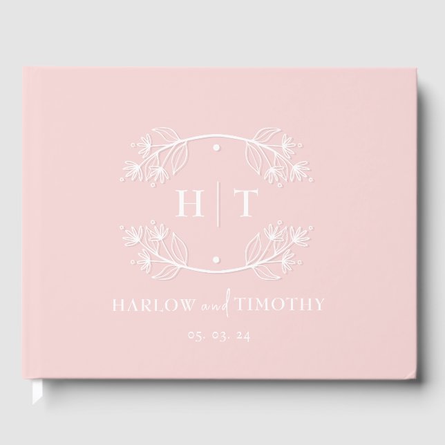 Elegant  Calligraphy Pink White Monogram Wedding Guest Book (Front)