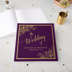 Elegant Calligraphy Plum Purple Gold Foil Wedding Guest Book