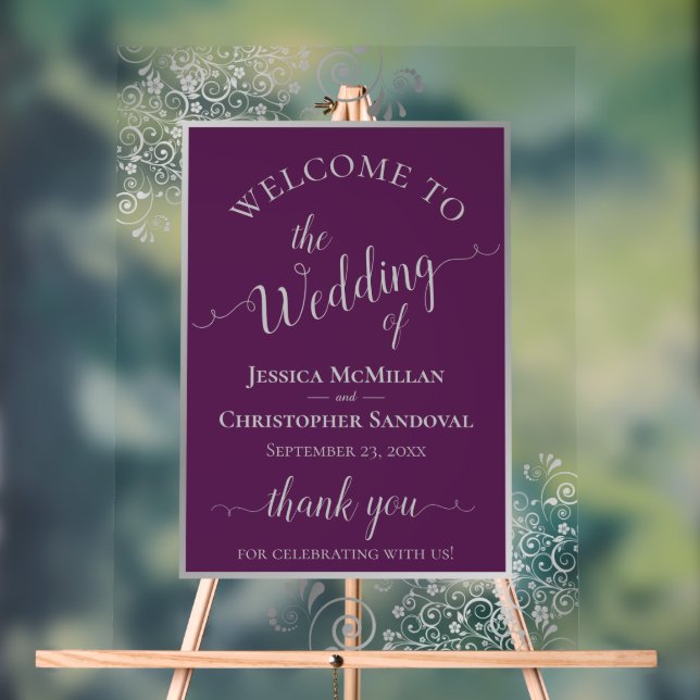 Elegant Calligraphy Plum & Silver Wedding Welcome Acrylic Sign (Neutral)