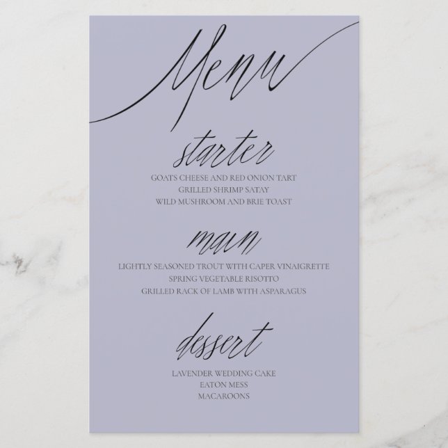 Elegant Calligraphy Purple Wedding Menu (Front)