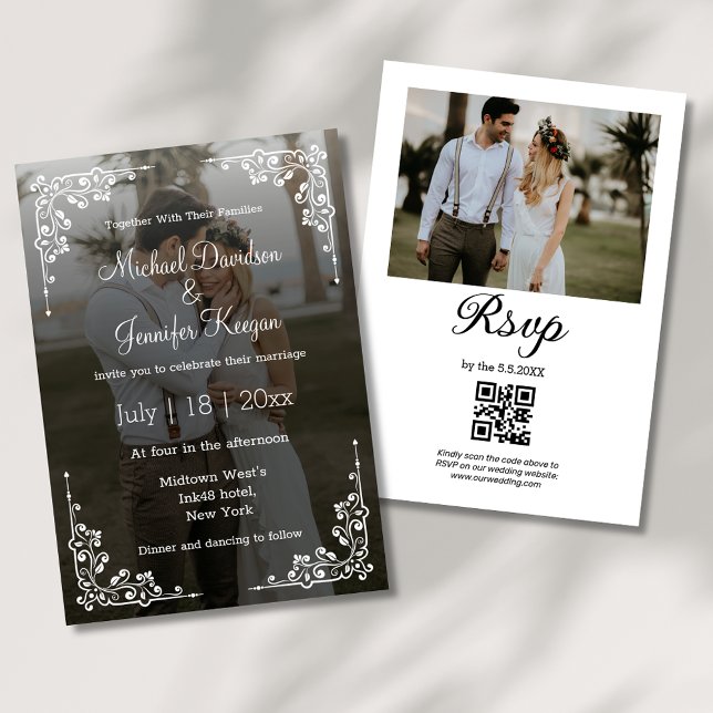 elegant calligraphy qr code 2 faded photo wedding invitation (Creator Uploaded)