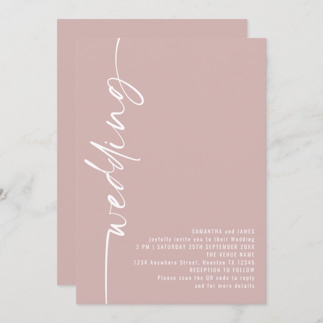 Elegant Calligraphy QR Code Dusty Rose Wedding  Invitation (Front/Back)