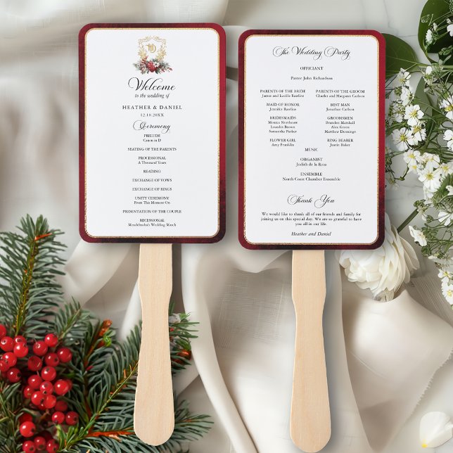 Elegant Calligraphy Red and Gold Wedding Program Hand Fan (Creator Uploaded)