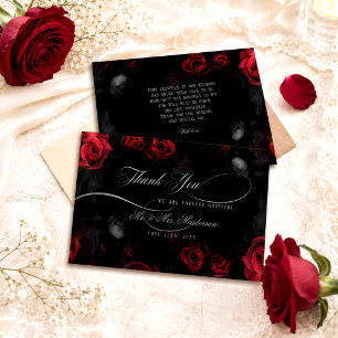 Elegant Calligraphy Red Black Floral Wedding Thank You Card