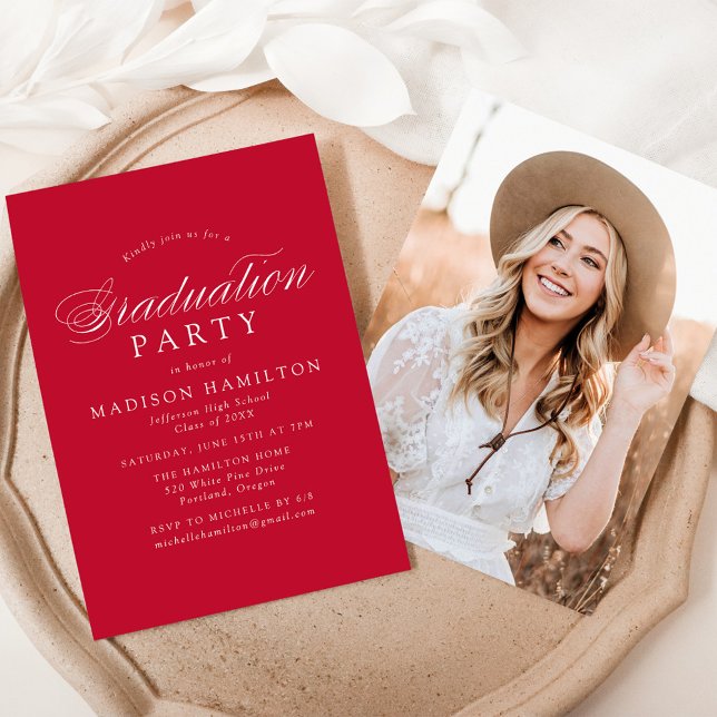Elegant Calligraphy Red Photo Graduation Party Invitation (Creator Uploaded)