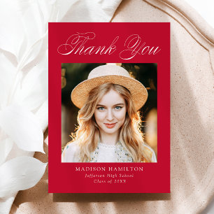 Elegant Calligraphy Red Photo Graduation Thank You Card